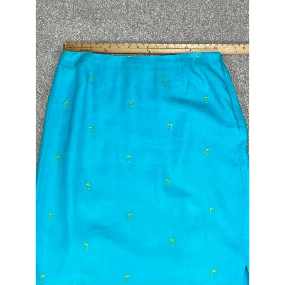 David Brooks VTG Linen Embroidered Midi Skirt Womens 14 Blue Summer Coastal Chic